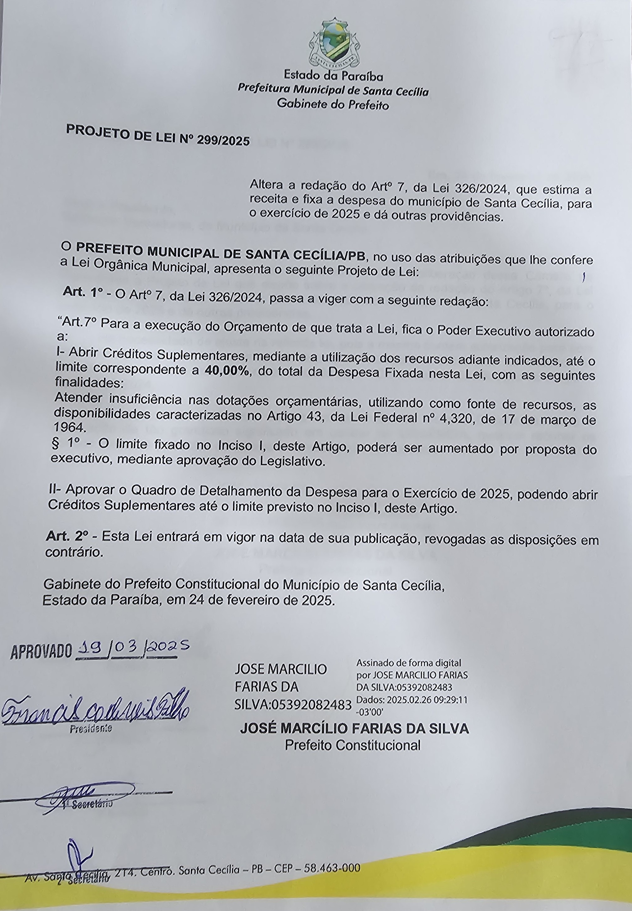 Projeto de Lei nº 299/2025